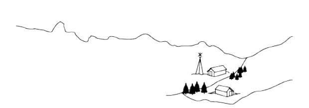 Second of 4-part sketch adding to the first sketch two buildings, a tower, and two clumps of trees.